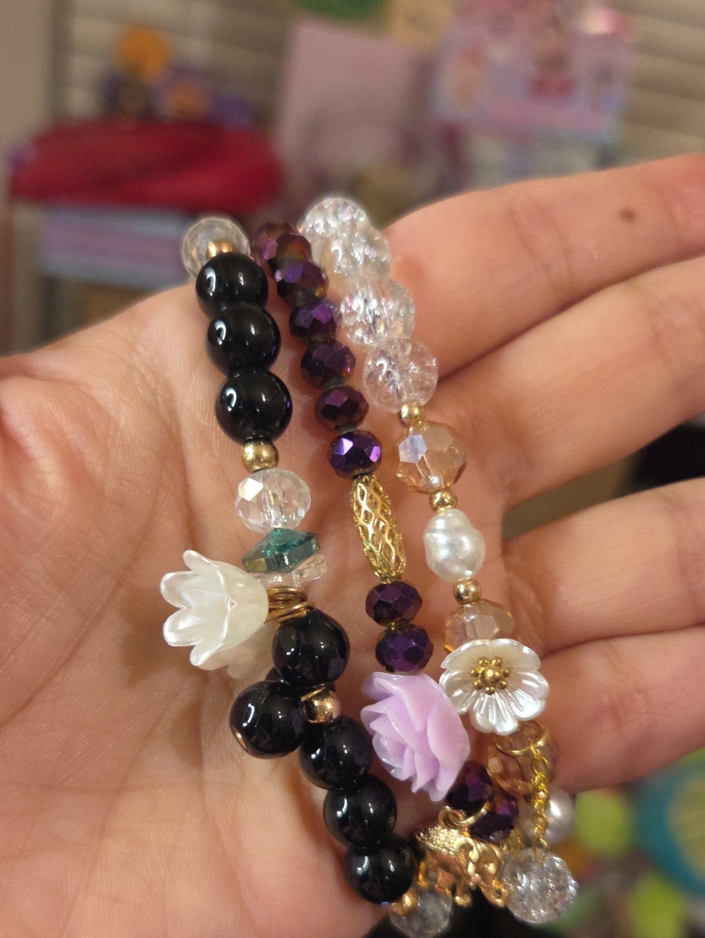 3 Floral Beaded Stretch Bracelet Set - Black, Purple, Clear, Pink